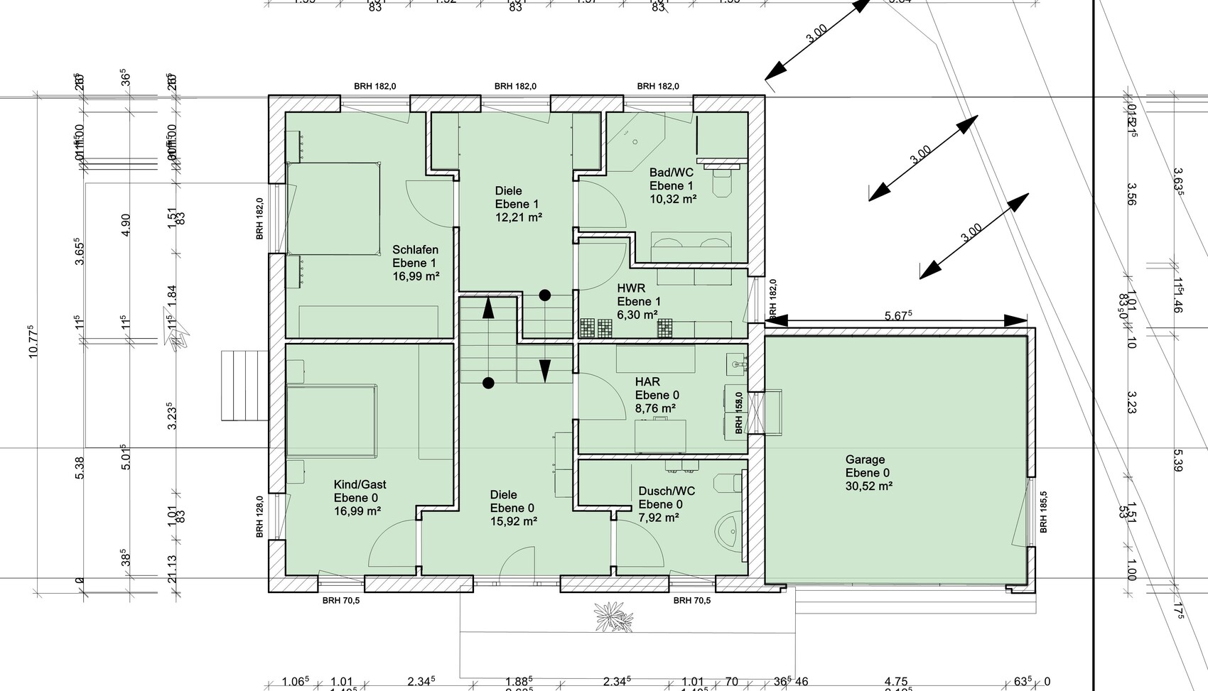 Grundriss eines zweigeschossigen Hauses mit Schlafzimmer, Kind/Gast, Diele, Bad/WC, Dusch/WC, HWR, Garage.