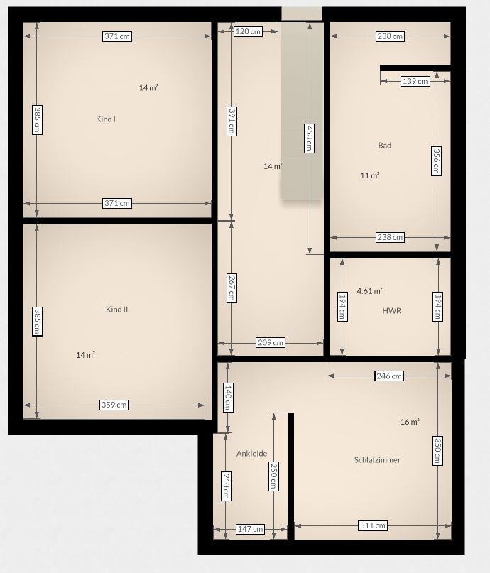 Grundriss einer Wohnung mit Kind I, Kind II, Bad, HWR, Ankleide, Schlafzimmer; Maße in cm.
