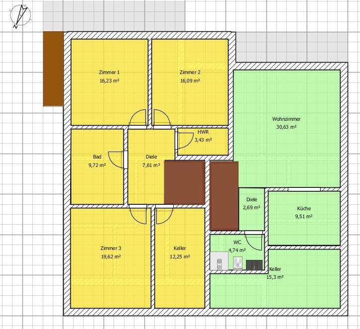 Grundriss eines Hauses: gelbe Zimmer 1–3, grün Wohnzimmer + Küche, Bad, WC, Diele, Keller, HWR.