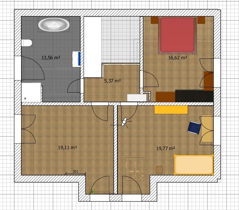 Grundriss einer Wohnung: Bad links, Schlafzimmer rechts, zwei Wohnräume unten