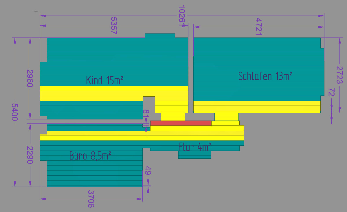 Grundriss eines Wohnungsplans: Kind 15 m², Schlafen 13 m², Büro 8,5 m², Flur 4 m²; Wände und Türen sichtbar