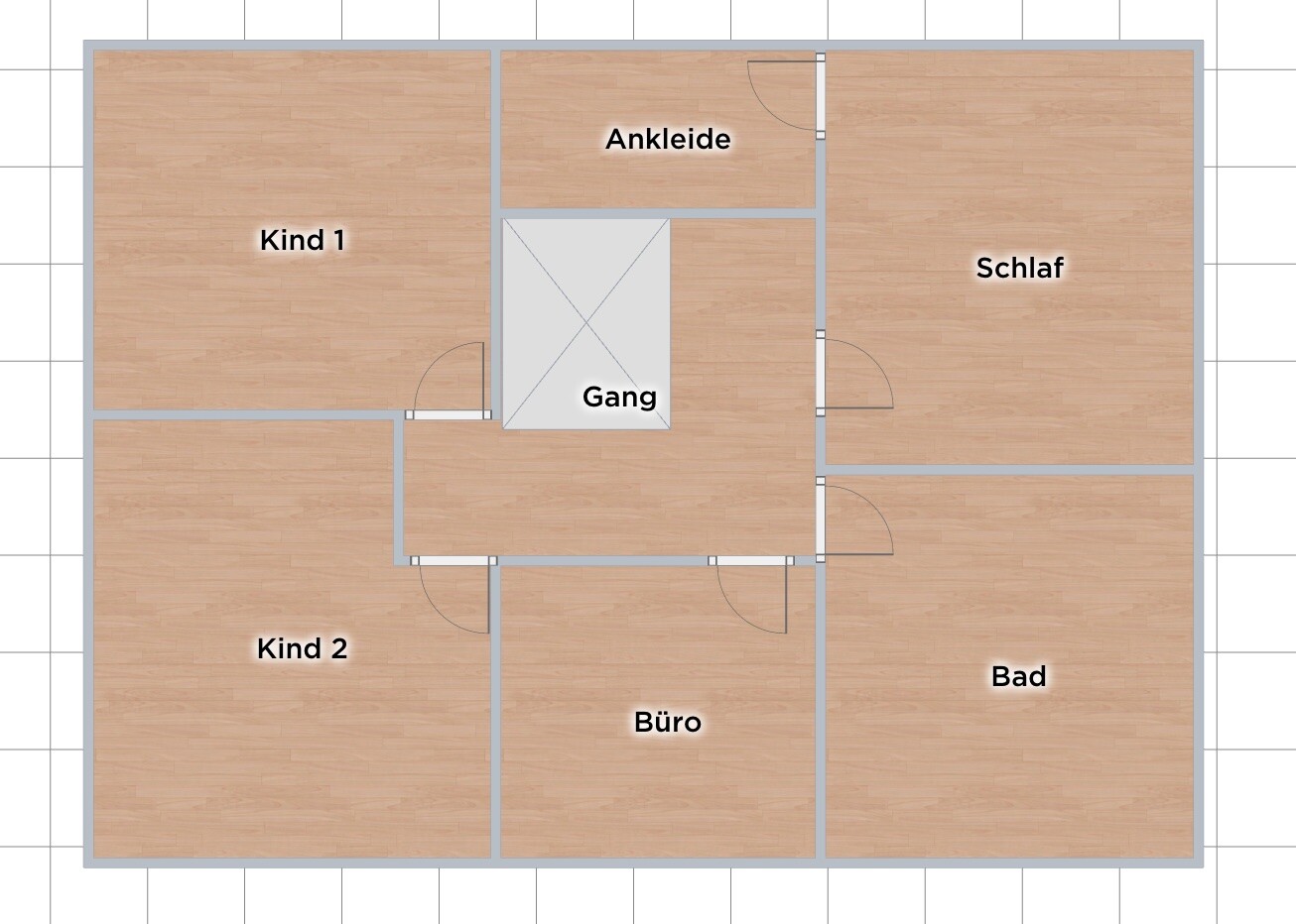 2D-Hausgrundriss mit Kinderzimmer, Büro, Schlafzimmer, Bad und Gang