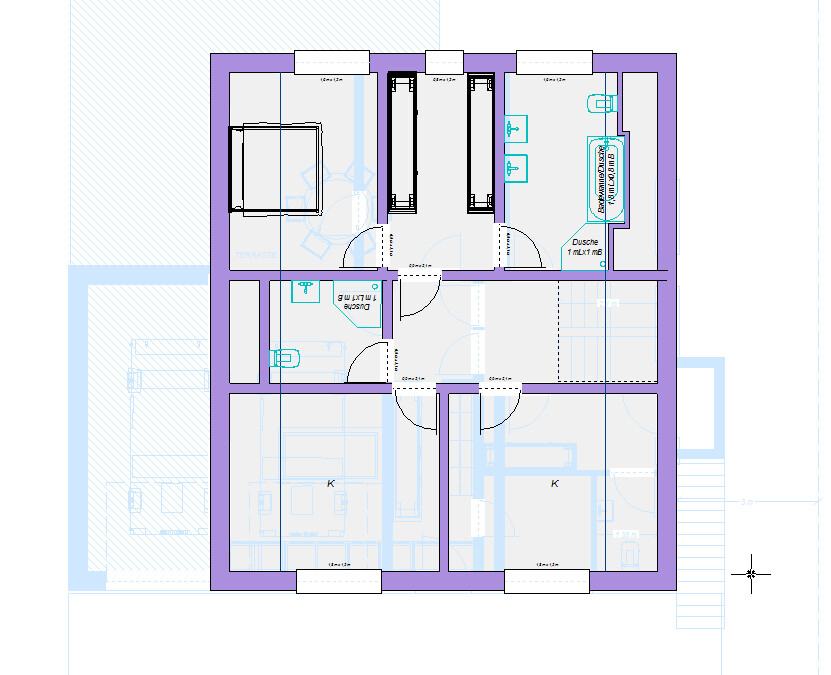 Grundriss einer Wohnung: Flur, zwei Schlafzimmer, Küche, Bad mit Dusche.