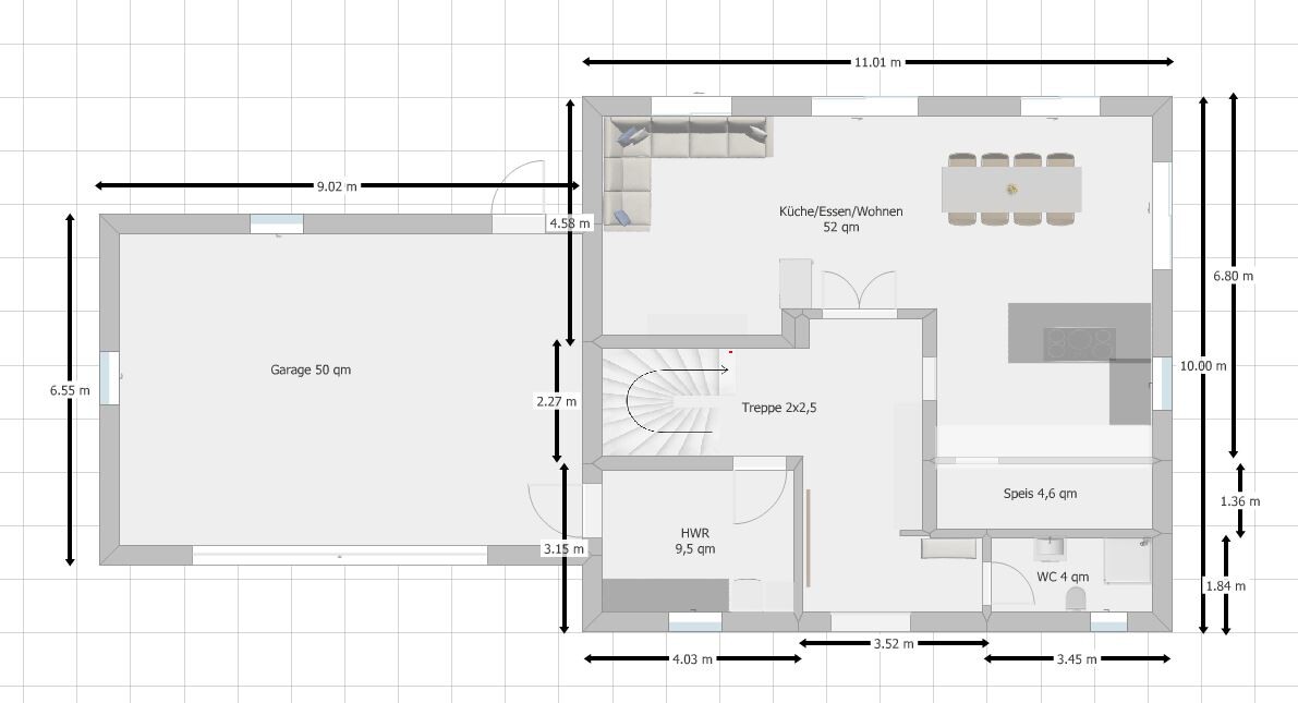 Grundriss eines Hauses: Garage, Küche/Essen/Wohnen, HWR, Speis, WC, Treppe, mit Maßen.