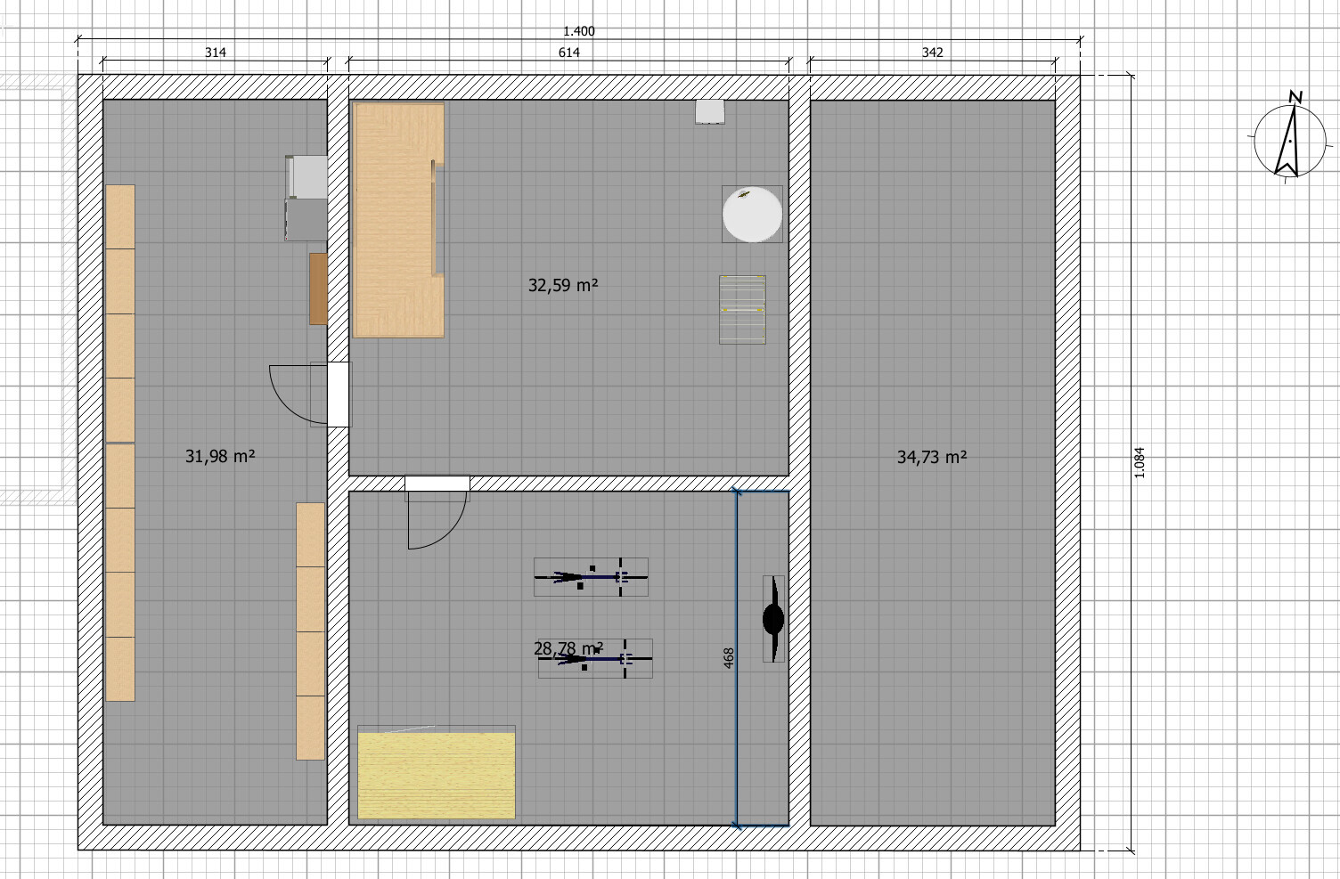 Grundriss-Plan: drei Räume mit Möbeln, Türen und Größenangaben in m², Nordpfeil.