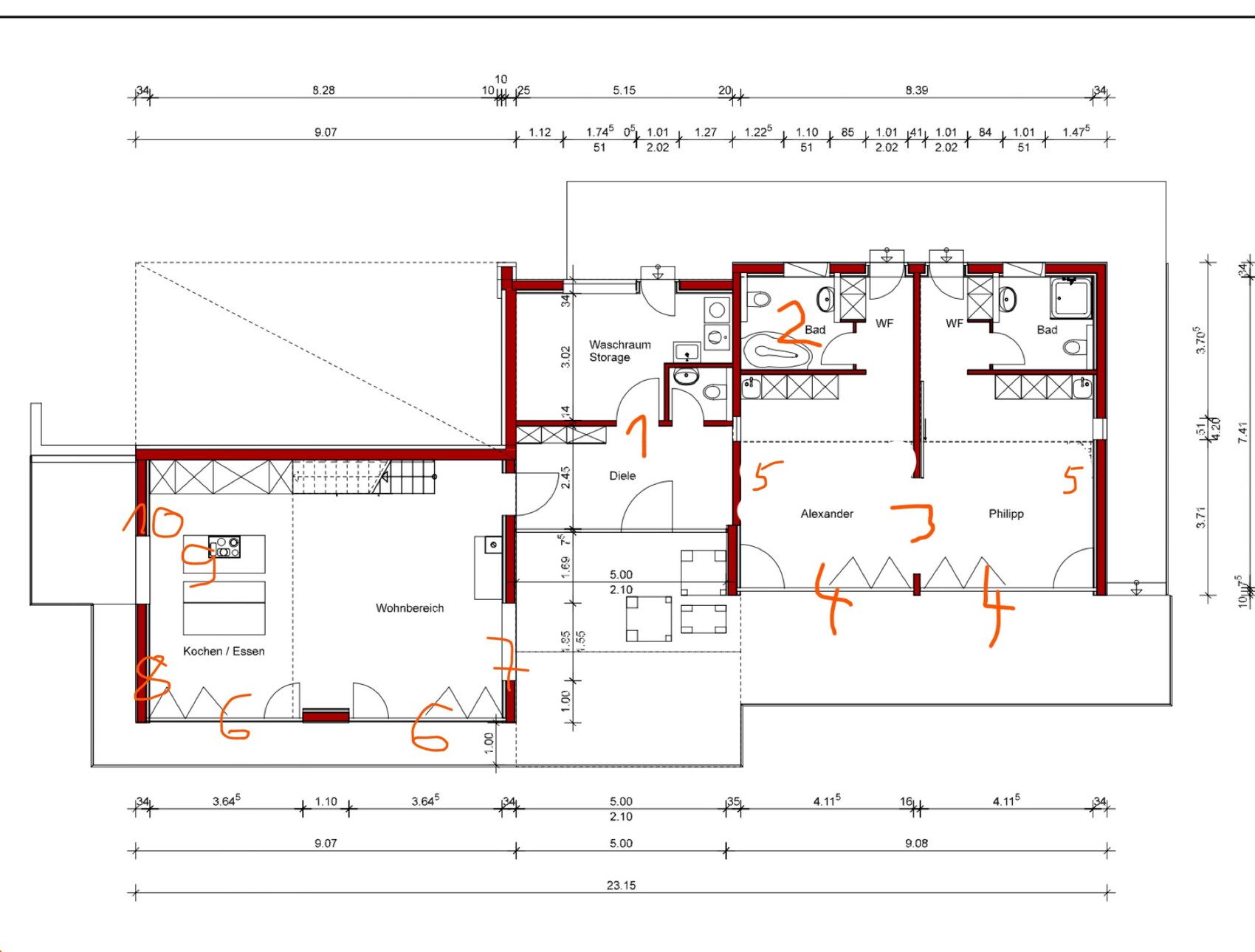 Grundriss eines Hauses: Wohnbereich, Küche, Diele, Waschraum, Bad, zwei Zimmer (Alexander, Philipp)
