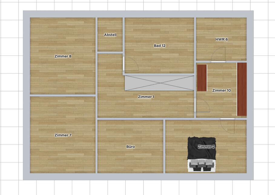 Grundriss eines Hauses mit Zimmer 1,2,7,8,10, Bad 12, Büro, Abstell, HWR 6