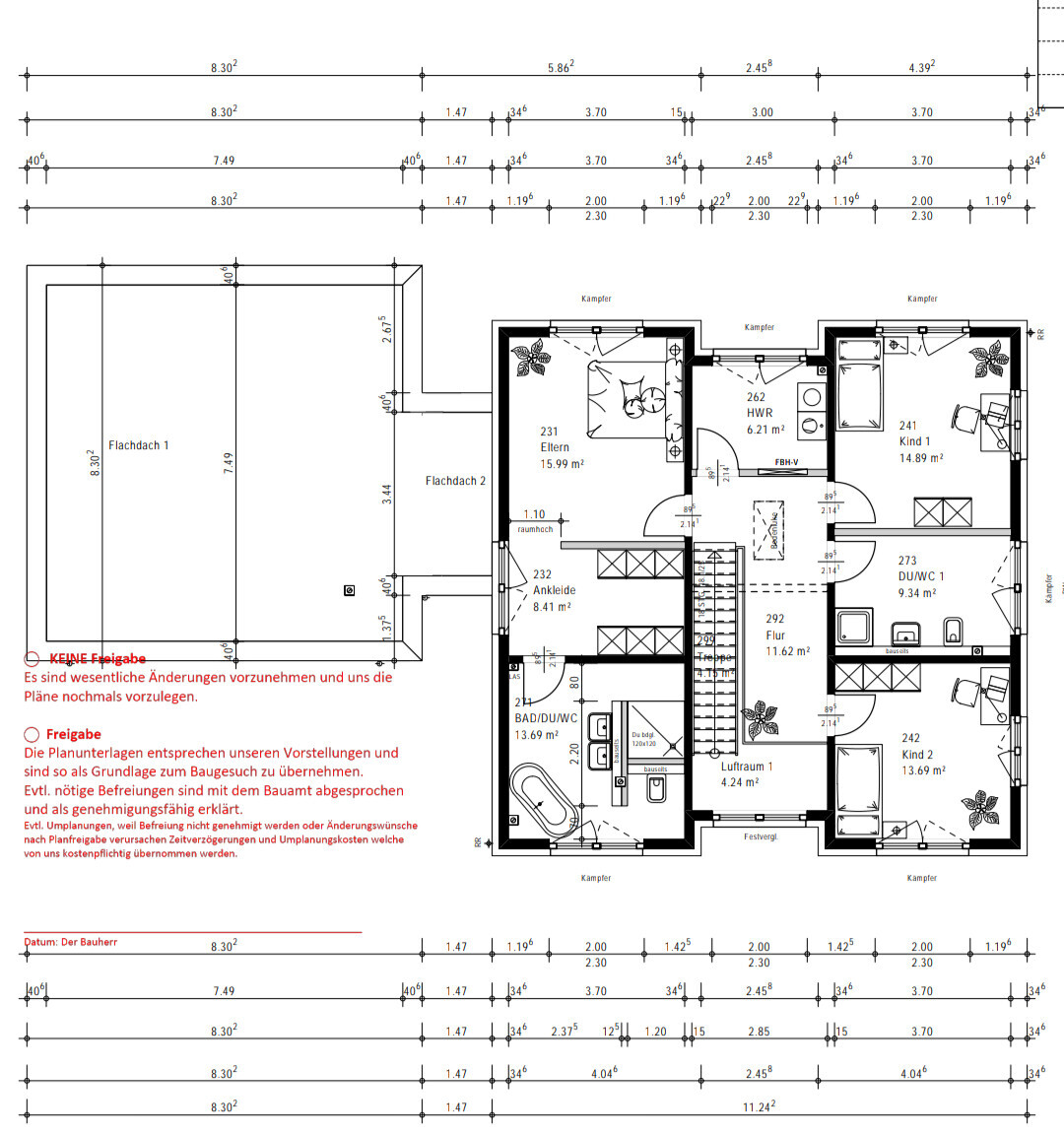 Grundriss eines Hauses mit Eltern-, Kinderzimmern, Flur, Bad, Küche und HWR.