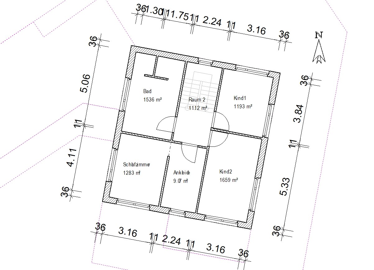 Grundriss eines Hauses mit Bad, Schlafzimmer, Ankleide, Raum 2, Kind1, Kind2.