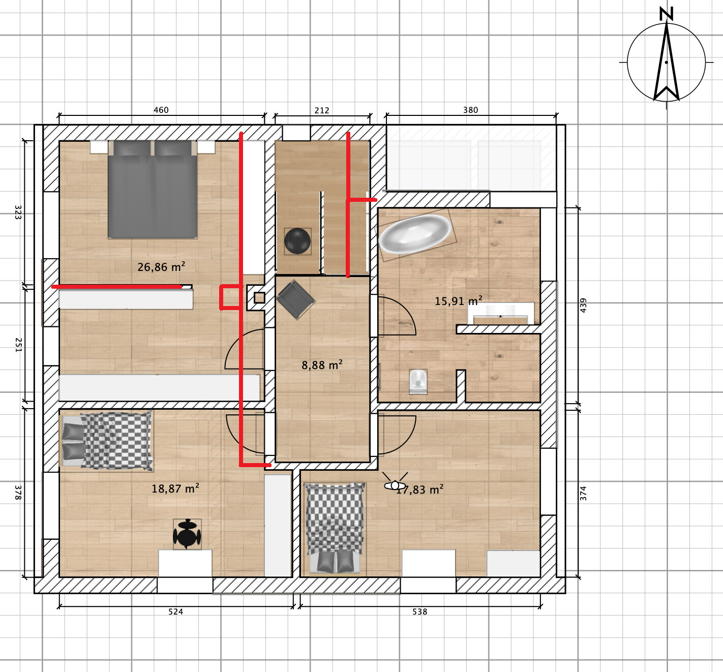 Digitale Grundrisszeichnung eines Apartments mit Schlafzimmern, Bad, Flur und Wohnzimmer; Flächenangaben.