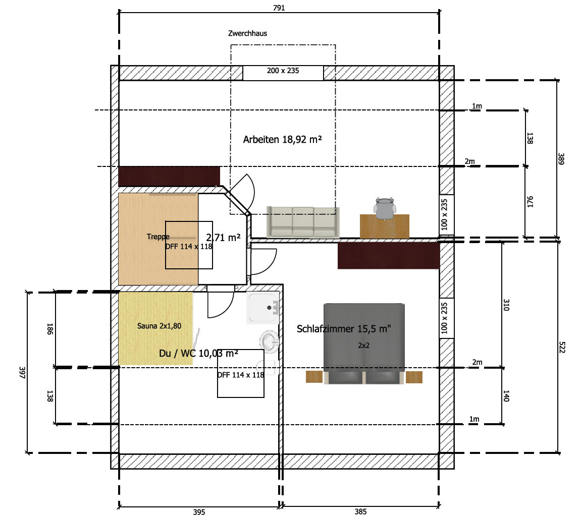2D Grundriss eines Hauses mit Sauna, Dusche/WC, Schlafzimmer, Treppe und Wohnbereich