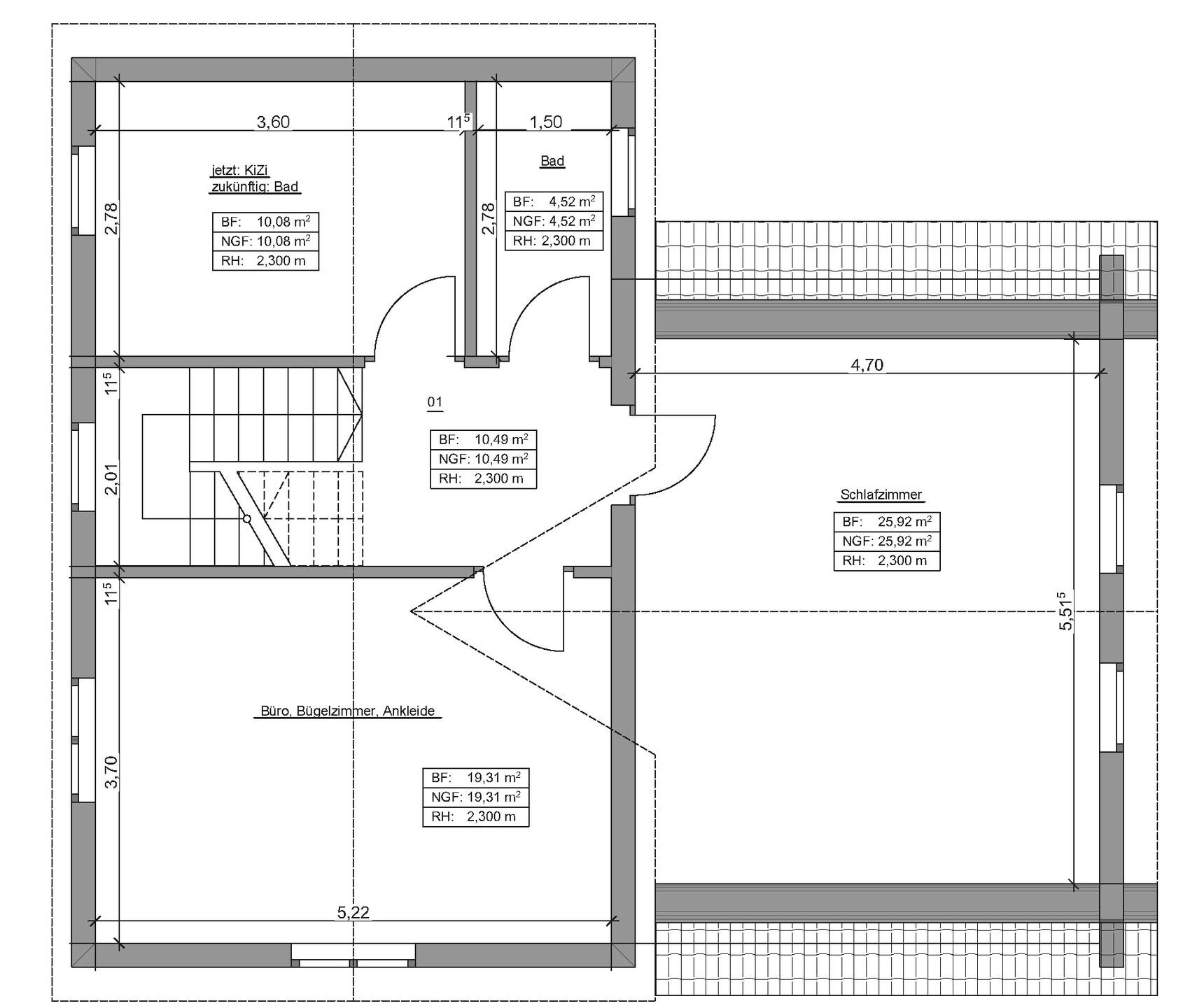 Grundriss eines Hauses: Schlafzimmer, Büro, Bad, Flur und Treppenhaus.