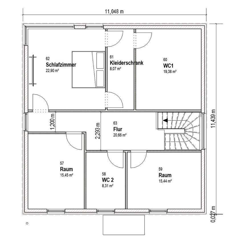 Grundriss eines Hauses mit Schlafzimmer, Flur, zwei WCs, Kleiderschrank und Räumen.