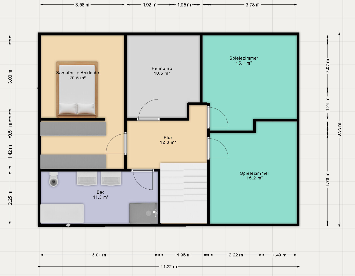 Grundriss eines Hauses mit Schlafzimmer, Heim Büro, zwei Spielzimmer, Bad und Flur