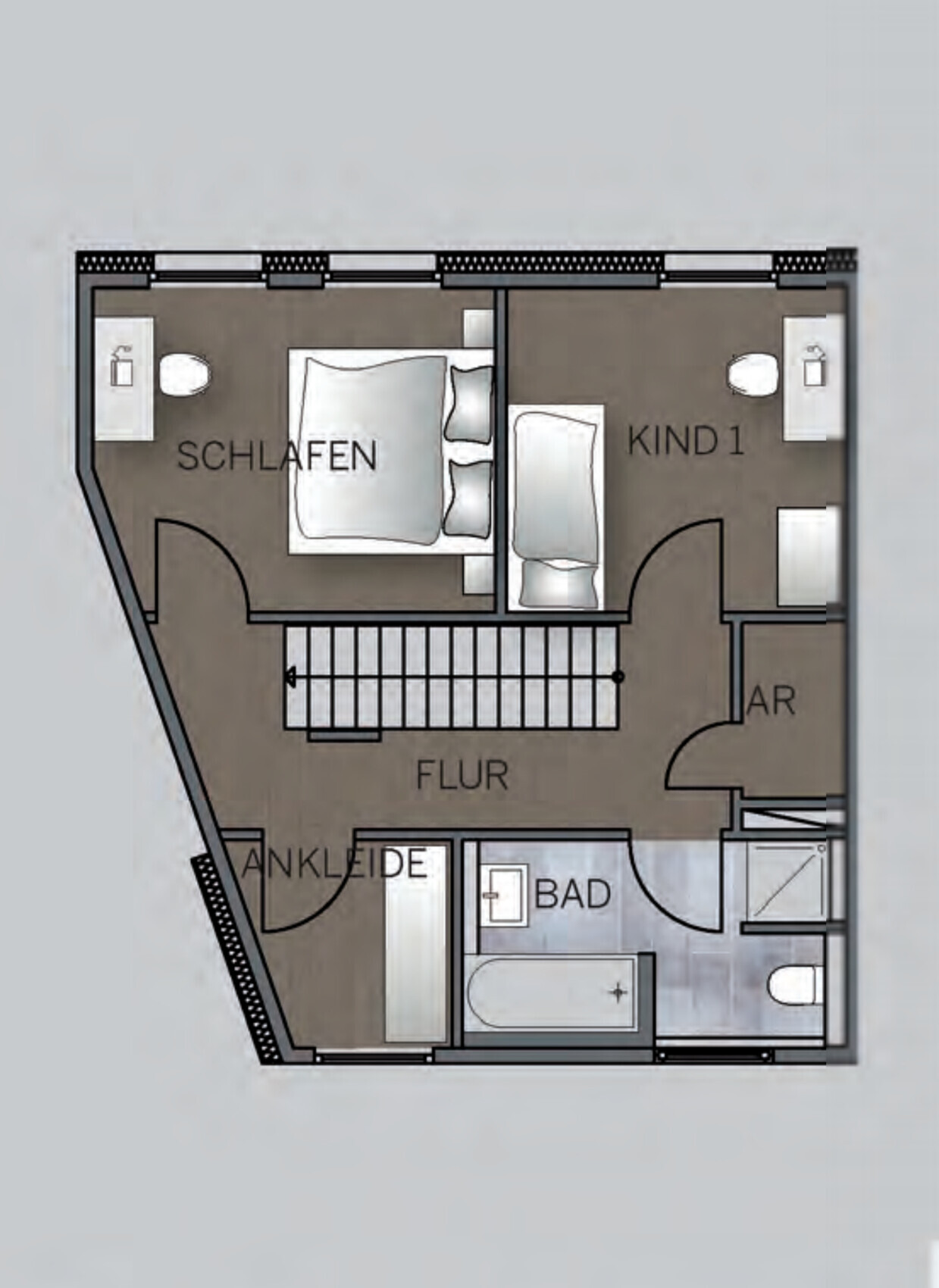 Grundriss eines Apartments mit Schlafzimmer, Kinderzimmer, Flur, Ankleide, Bad, AR und Treppenhaus