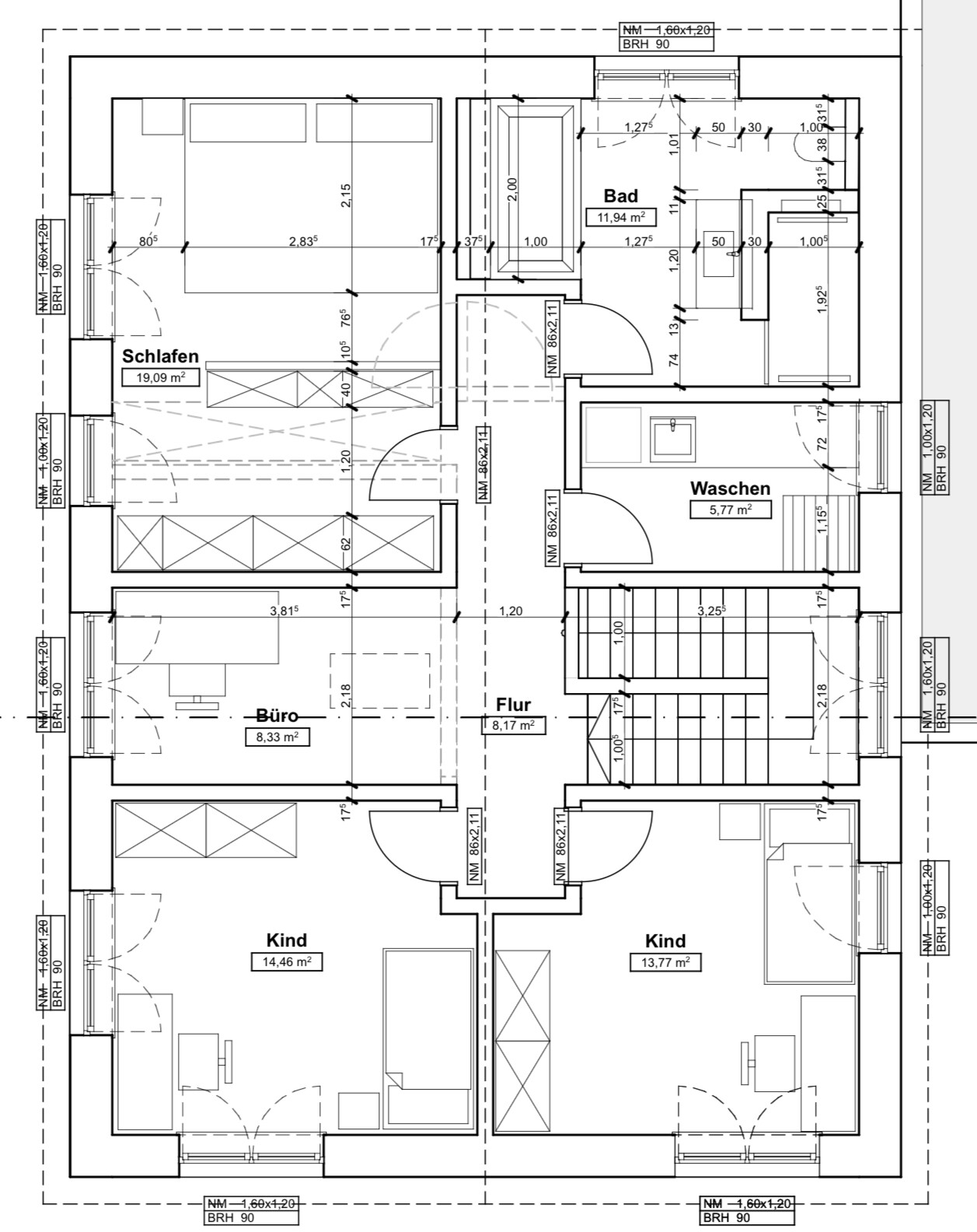 Grundriss eines Hauses mit Schlafraum, Kinderzimmern, Büro, Flur, Bad und Waschen