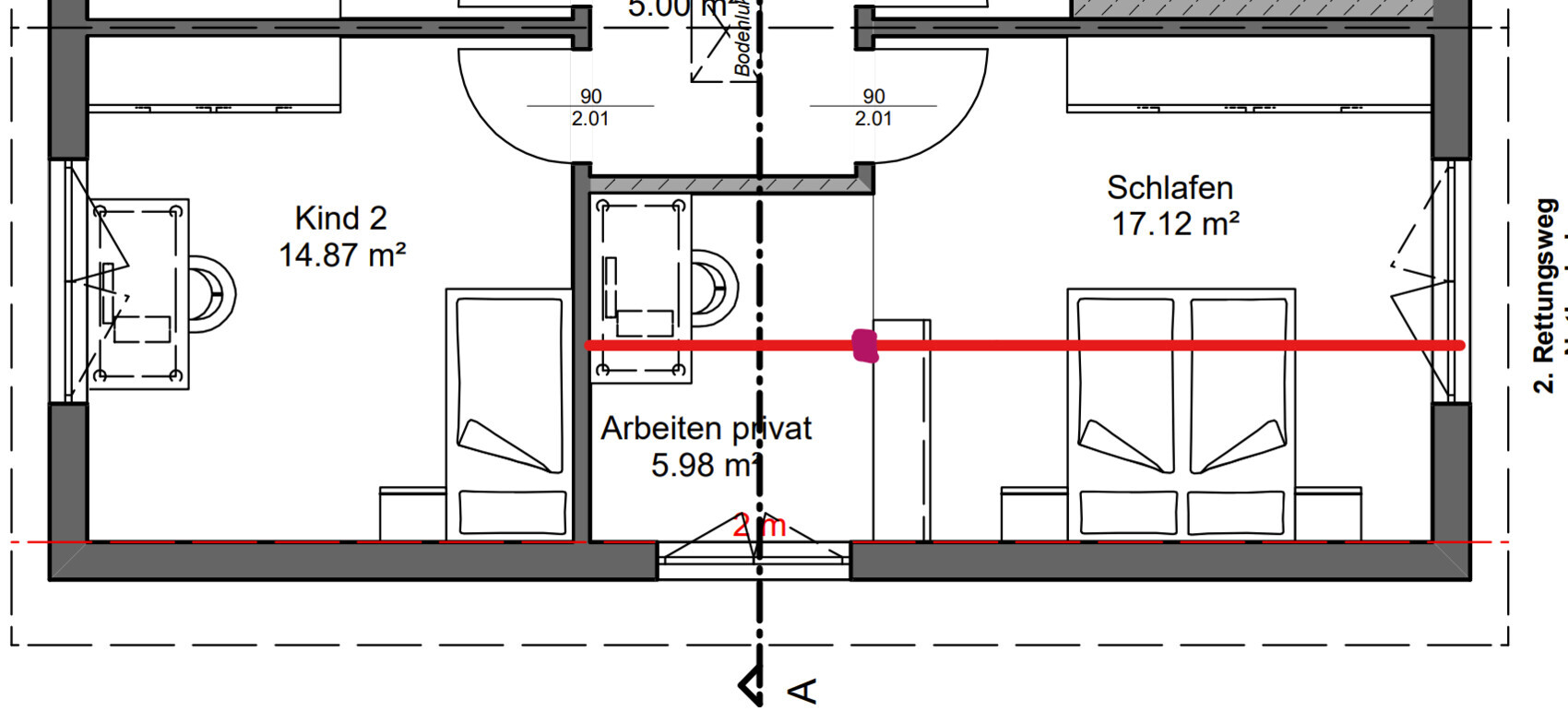 Grundriss eines Wohnplans: Schlafzimmer, Kind 2, Arbeiten privat; rote Fluchtlinie führt durch Räume.