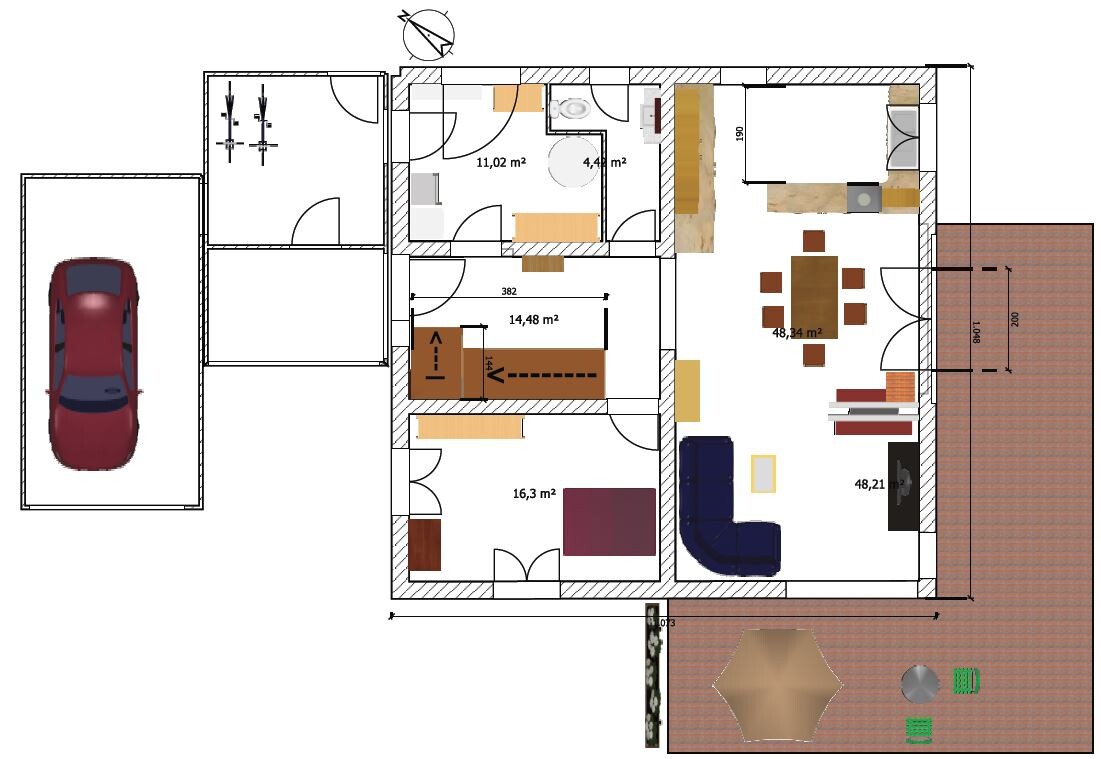 Grundrissplan eines Hauses mit Carport, Terrasse, Küche, Wohnzimmer und Schlafzimmer.