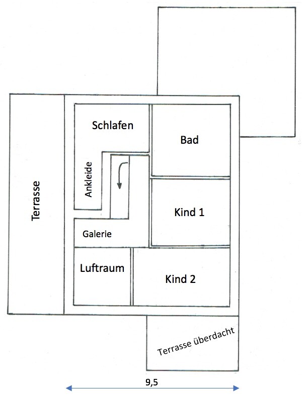Grundriss eines Hauses mit Schlafzimmer, Bad, Kind 1, Kind 2, Galerie und Terrasse.