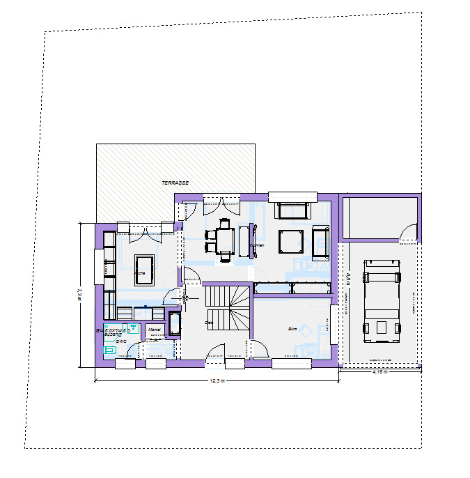 Grundriss Einfamilienhaus: Terrasse, Wohnzimmer, Küche, Schlafzimmer, Bad, Treppe, Garage.