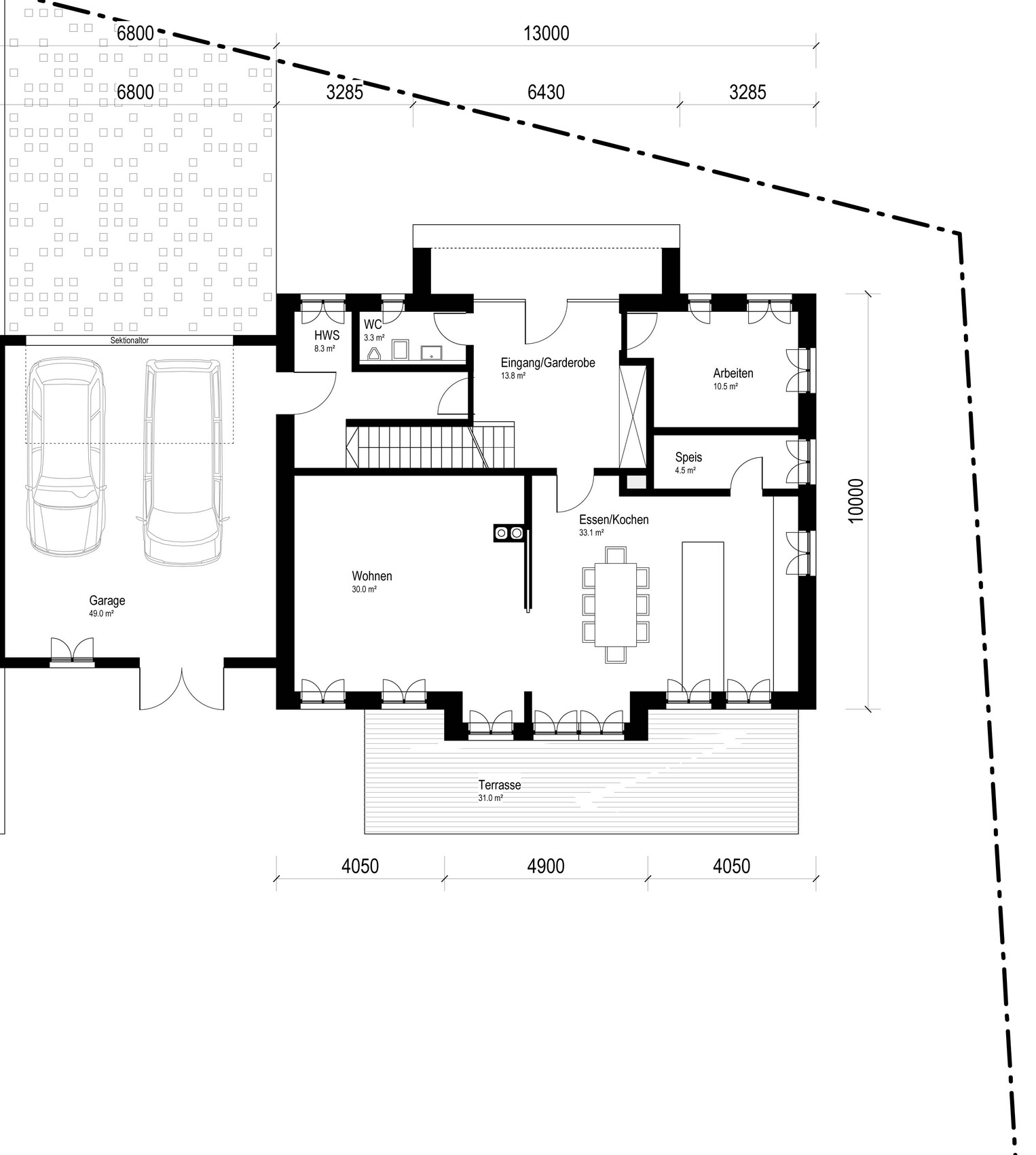 Grundriss eines Hauses mit Garage, Terrasse und offenem Wohn-, Ess- und Kochbereich