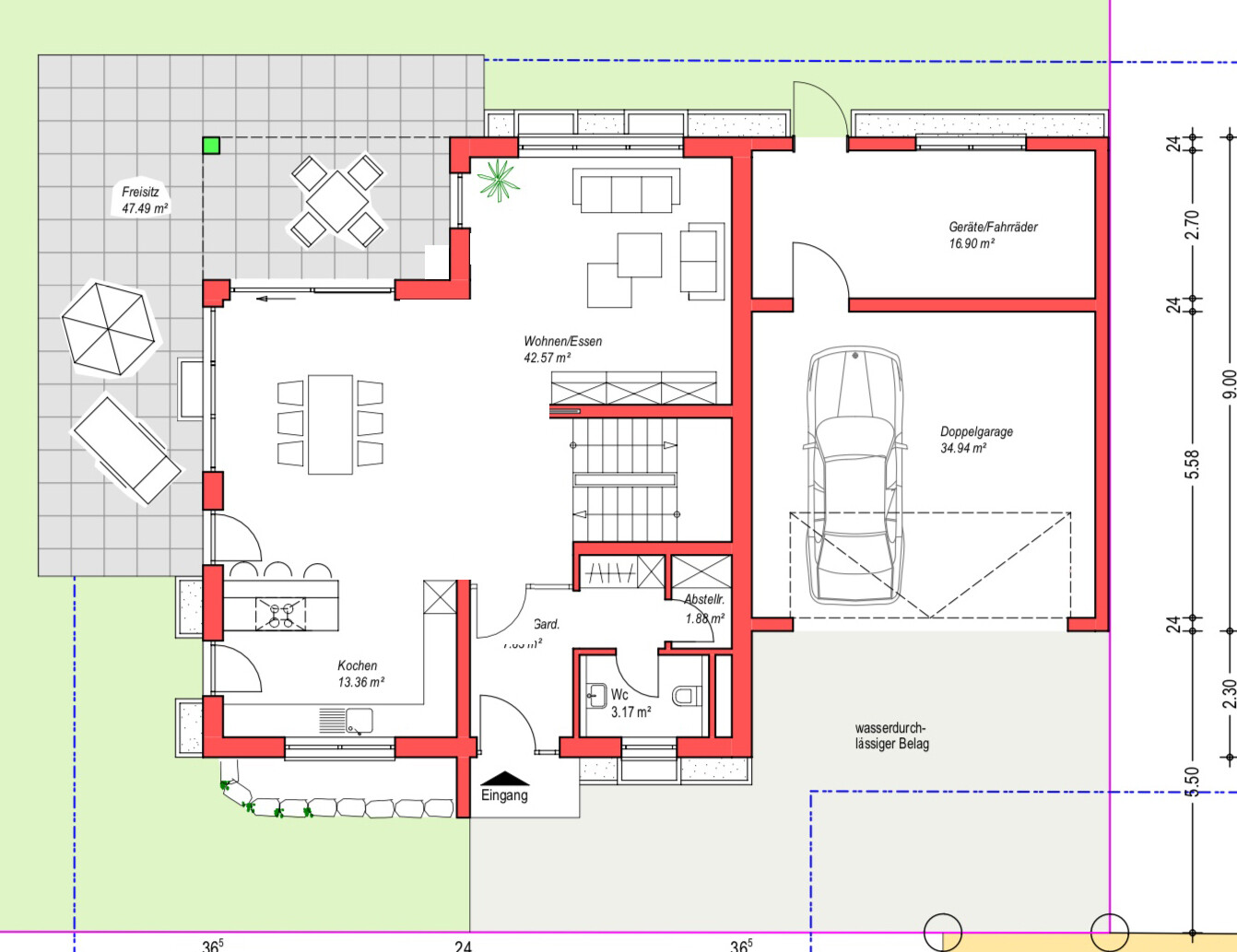 Grundrissplan eines Hauses mit Terrasse, Garage, Wohnzimmer und Küche