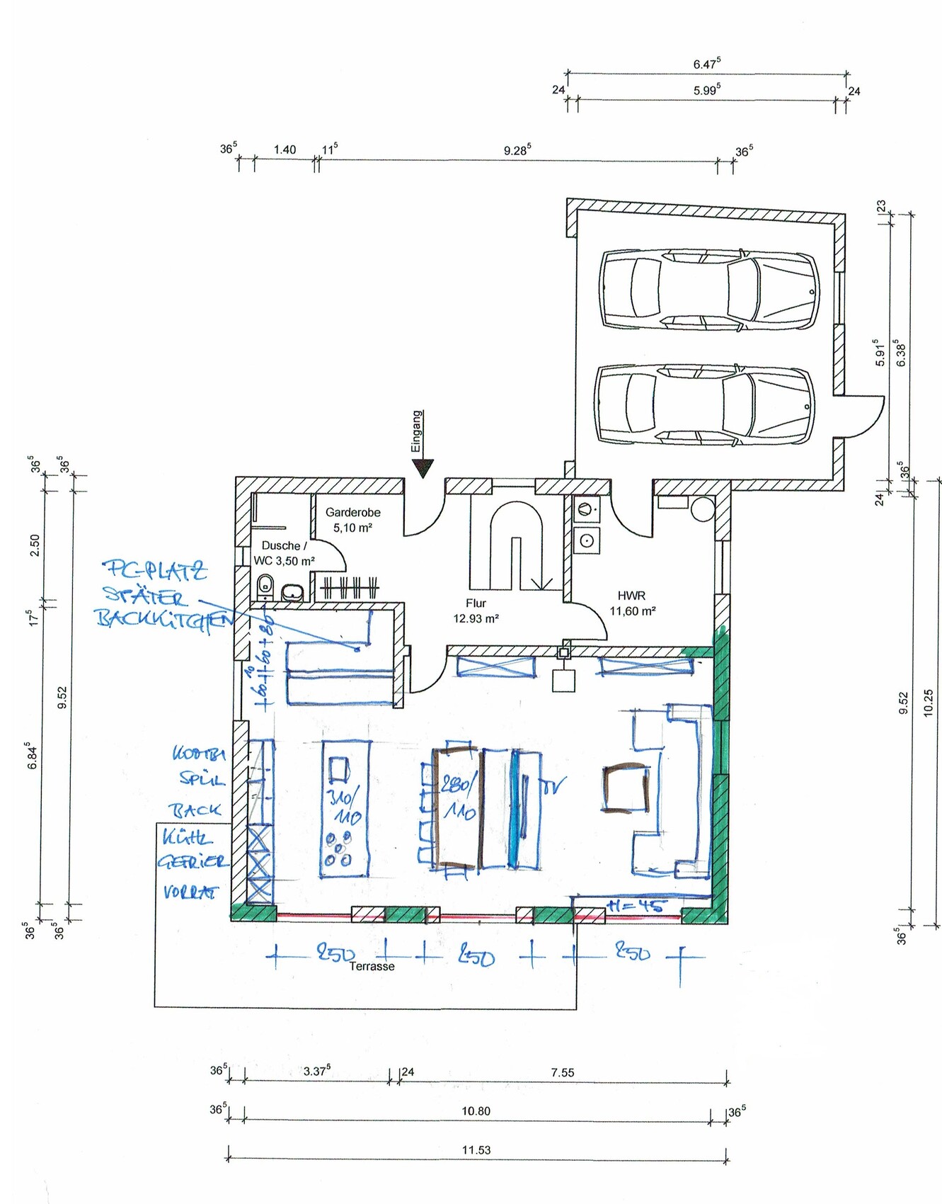 Grundriss eines Hauses: Garage, offener Wohnbereich, Küche, Flur, Garderobe, Dusche/WC und Terrasse