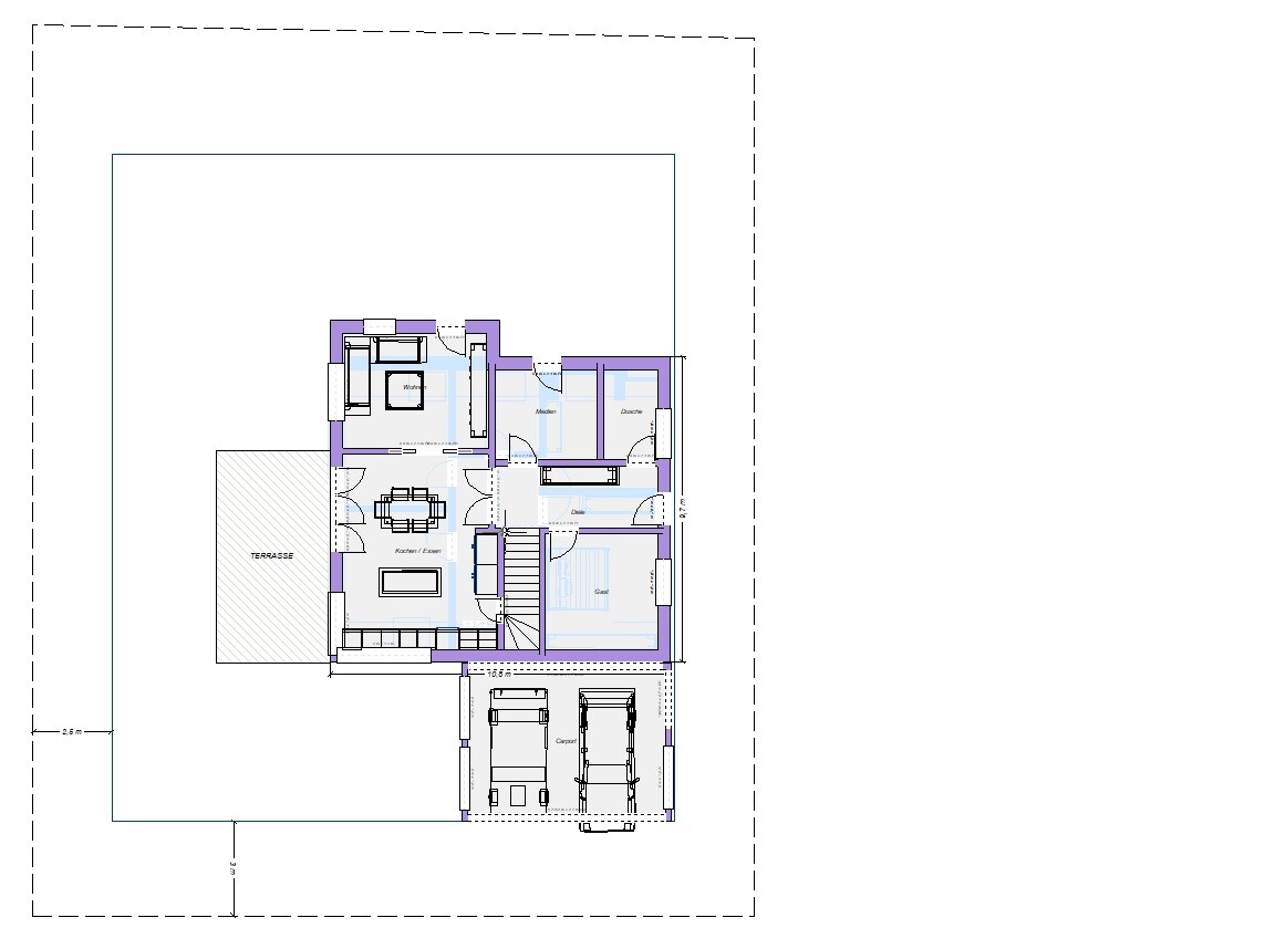 Grundriss eines Hauses mit Wohnzimmer, Küche, Terrasse, Schlafzimmer, Bad und Garage