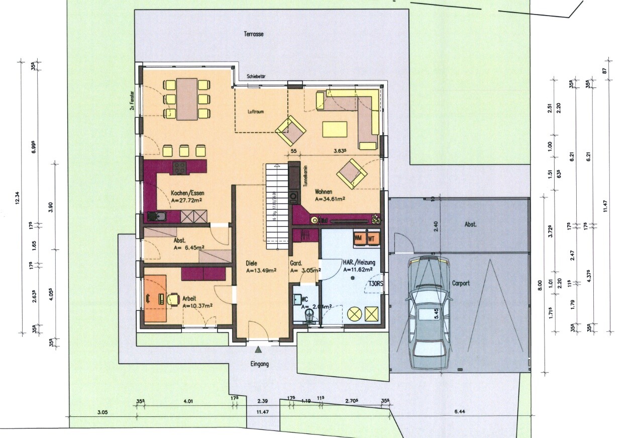 Grundriss eines Einfamilienhauses mit Wohnzimmer, Küche, Terrasse, Garten und Carport