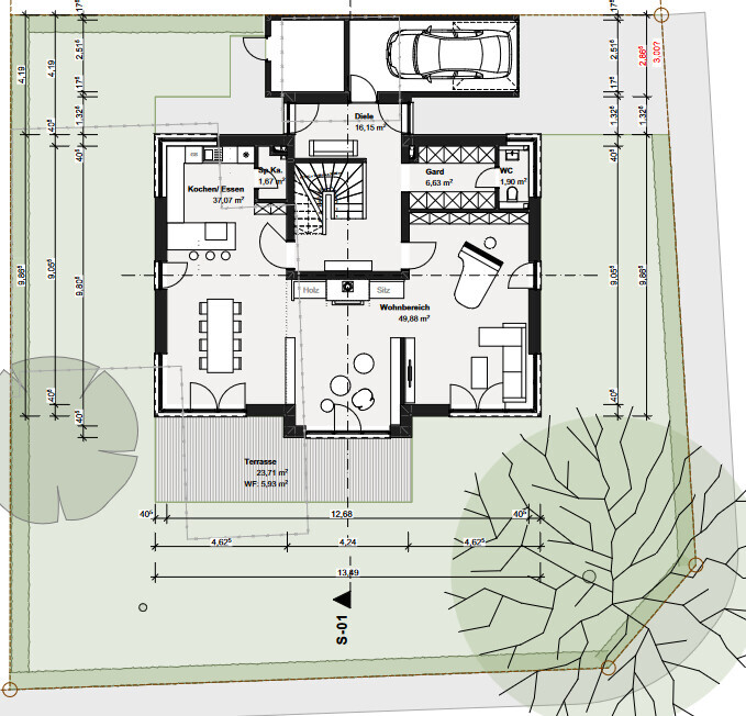 Grundriss eines Einfamilienhauses: Wohnbereich, Kochen/Essen, Diele, Terrasse, Garten, Garage.