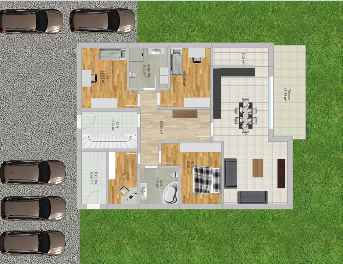 Detaillierter Grundriss eines Hauses mit Wohnzimmer, Küche, Bad, Schlafzimmer, Terrasse und Parkplatz.