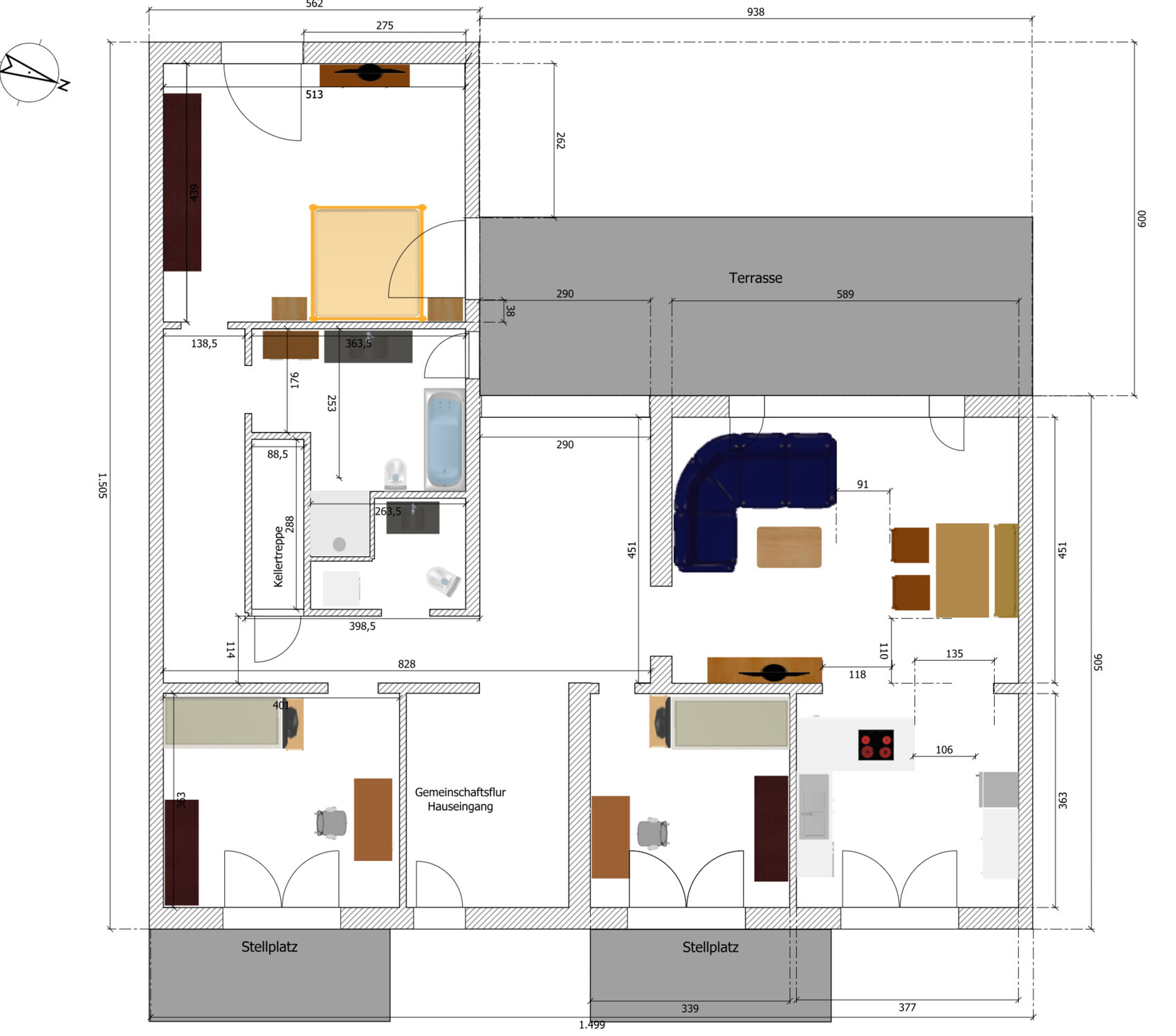 Detaillierter Hausgrundriss mit Terrasse, Küche, Bad, Wohnzimmer und Schlafzimmer