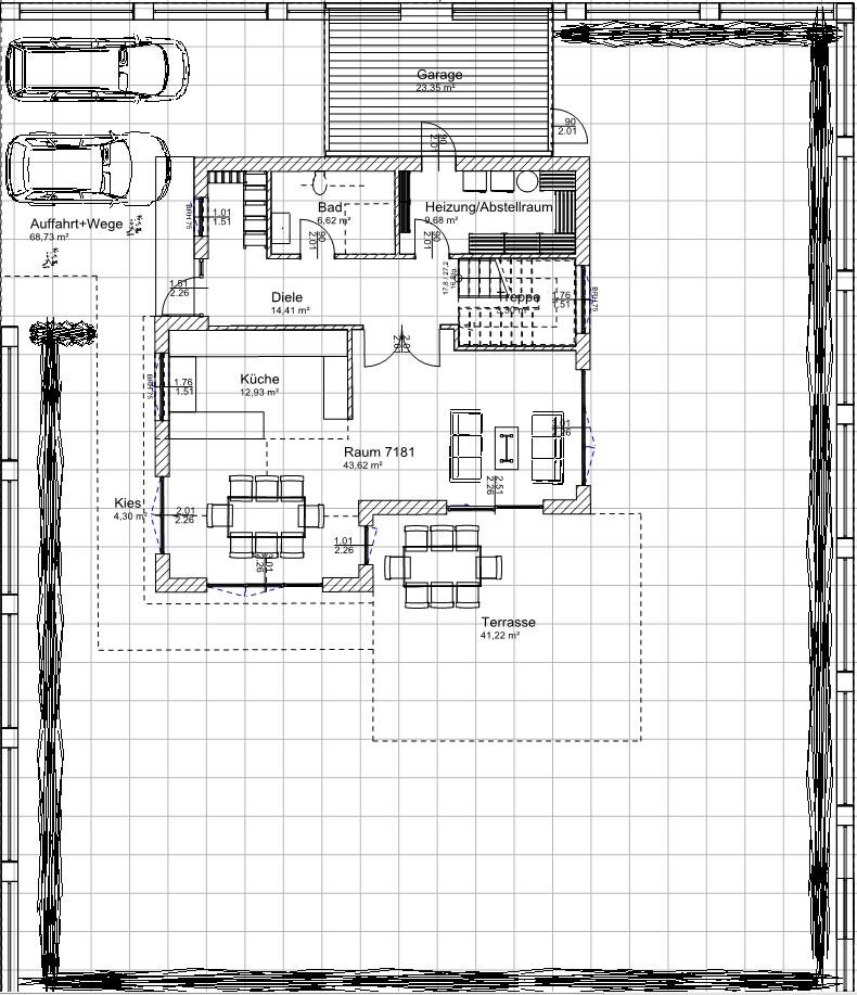 Grundriss eines Hauses mit Küche, Diele, Bad, Raum 7181, Terrasse, Garage.