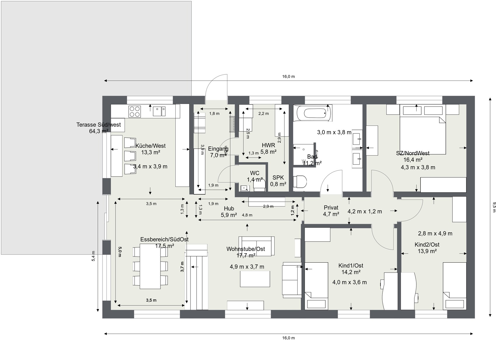 Grundriss eines Hauses: Küche, Essbereich, Wohnzimmer, Bad, WC, Schlafzimmer, Kinderzimmer, Terrasse