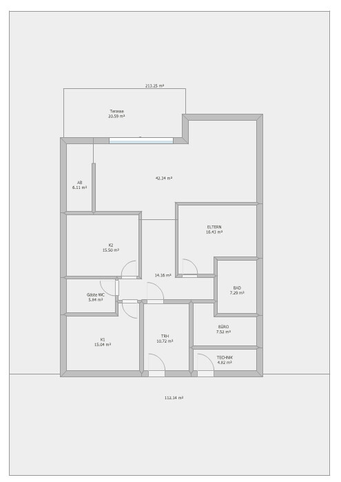 Grundriss eines Wohnhauses: Terrasse, Elternzimmer, Küche, Bad, Büro, Technikraum