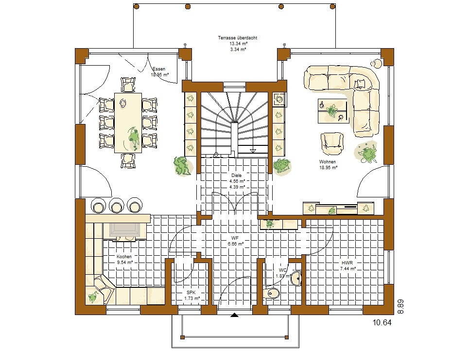 Grundriss eines Wohnhauses: Küche, Essen, Wohnen, Diele, WC, HWR, Terrasse.