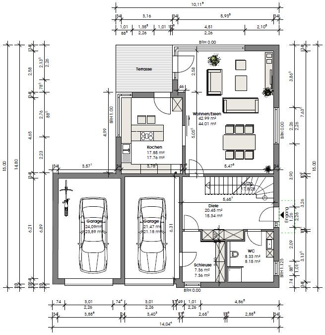 Grundriss eines Hauses mit Küche, Wohn-/Essbereich, Terrasse, Diele, zwei Garagen und WC.