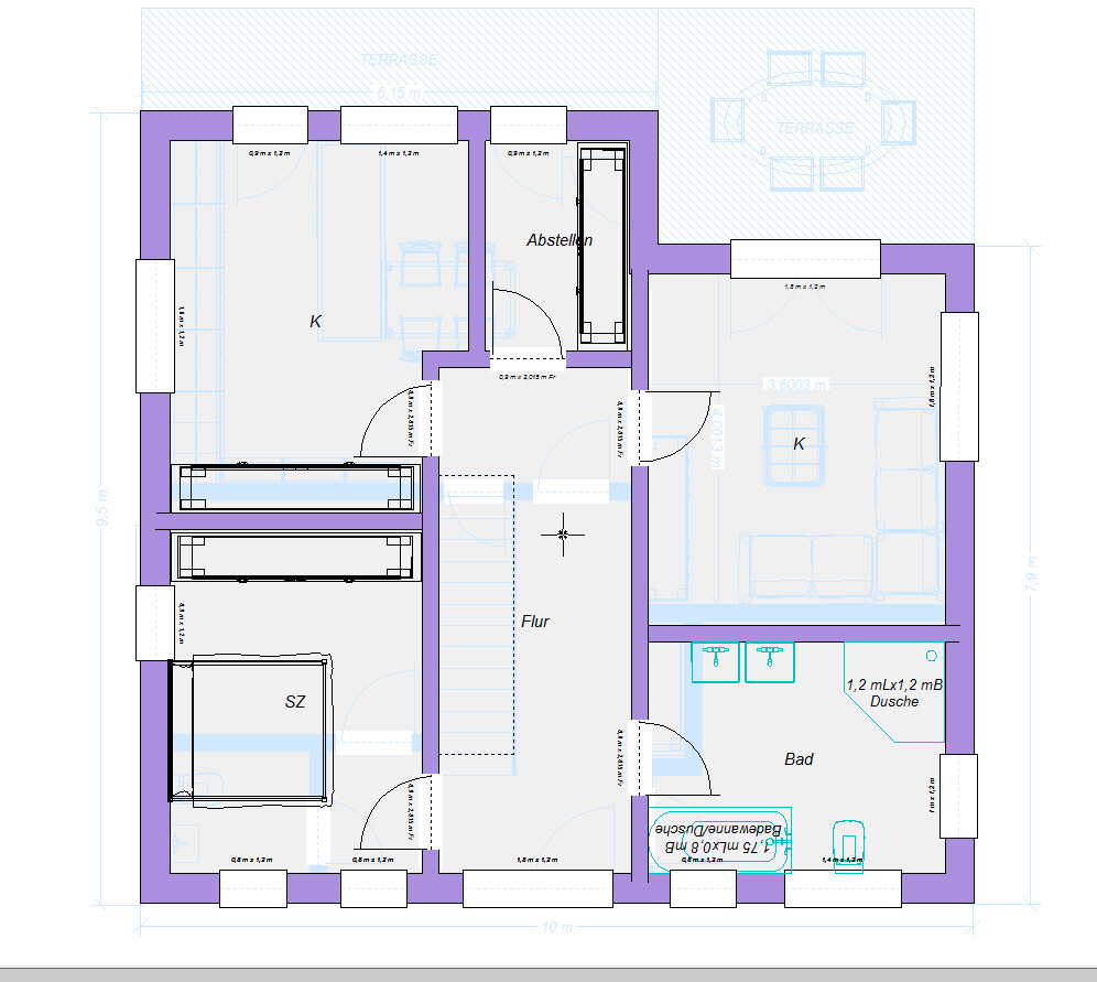 Grundriss einer Wohnung mit Küche, Bad, Flur, Schlafzimmer, Abstellraum und Terrasse.