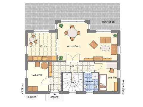 2D-Hausgrundriss: Erdgeschoss mit Küche, Wohnbereich, Diele, Gäste-WC, Büro und Terrasse