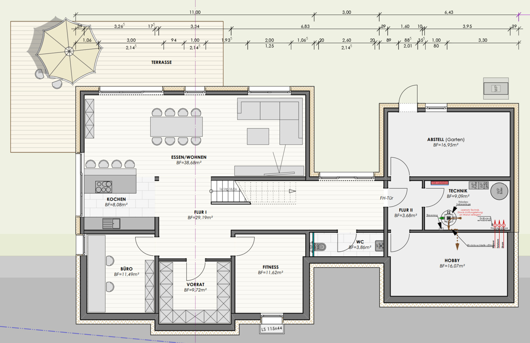 Grundriss eines Hauses: Küche, Essbereich/Wohnen, Büro, Fitness, Hobby, Terrasse.
