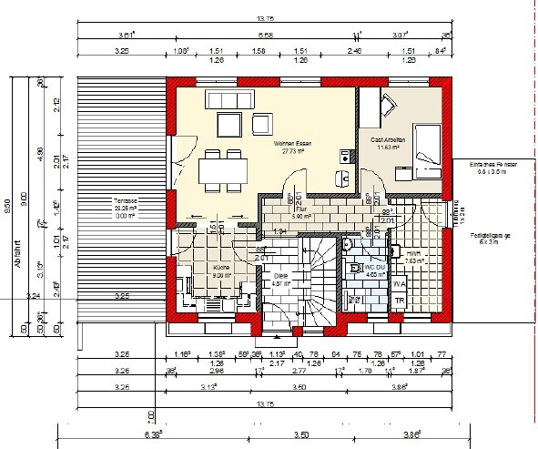 Grundriss eines Hauses: offenes Wohn-Esszimmer, Küche, Flur, Bad, Diele, Terrasse.