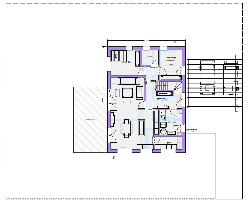 Grundriss eines Hauses mit Wohnzimmer, Küche, Essbereich, Schlafzimmer, Bad, Treppe und Terrasse.