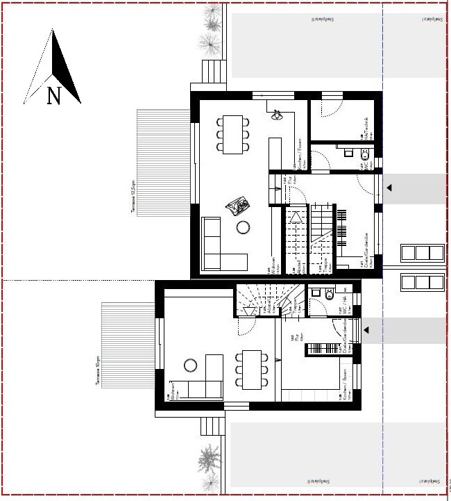 Grundriss eines Hauses mit zwei Wohnungen: Wohnzimmer, Küche, Essbereich, Treppen.