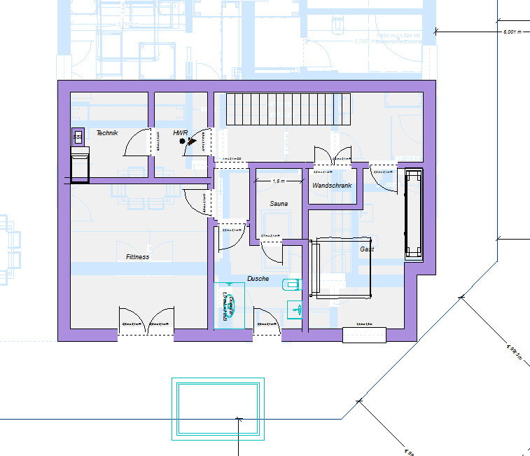 Grundriss eines Stockwerks: Räume Technik, HWR, Fitness, Sauna, Dusche, Gast; lila Außenwand.