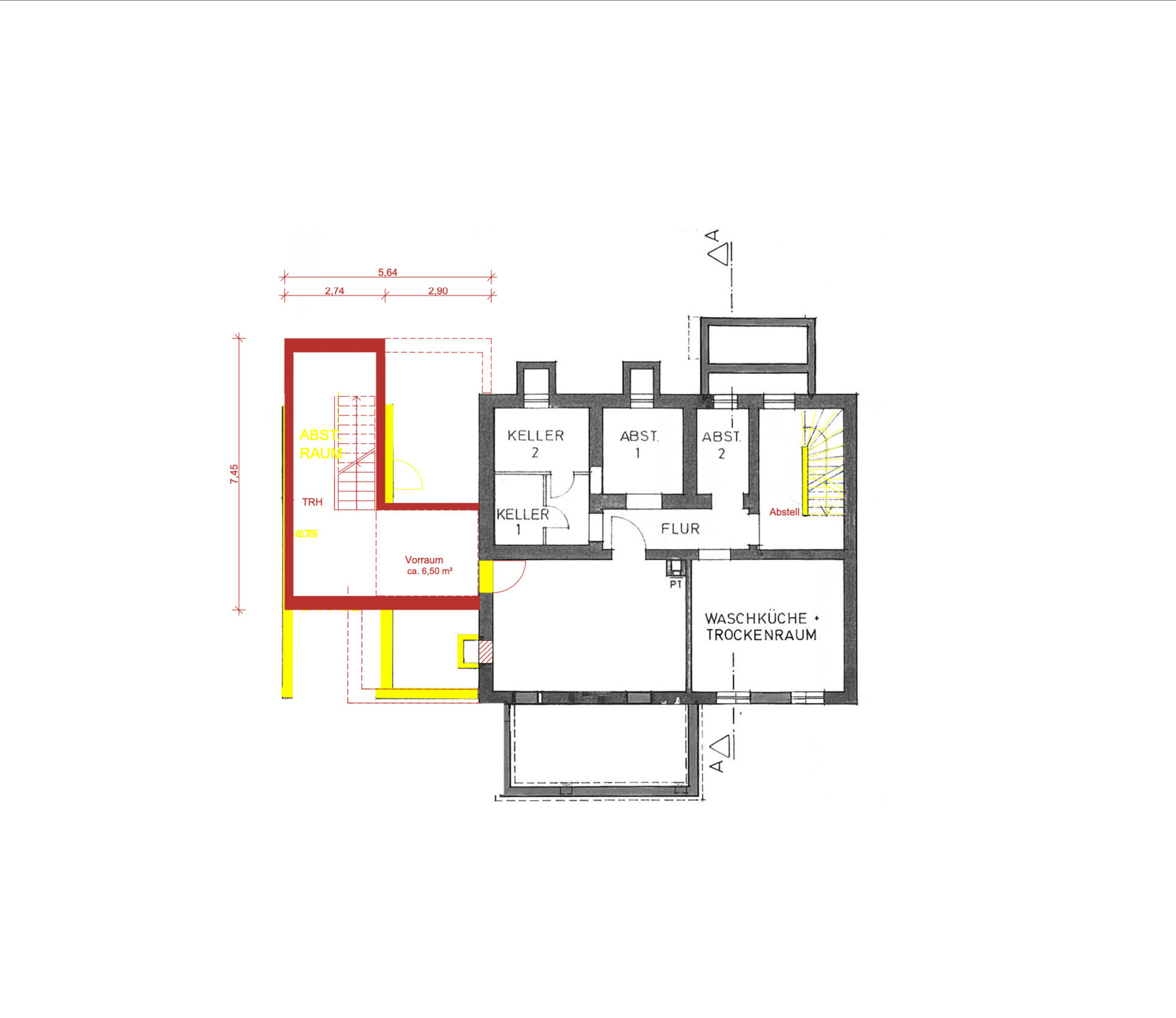 Grundriss eines Kellergeschosses mit Keller 1, Keller 2, Abstellräumen, Flur und Waschküche.