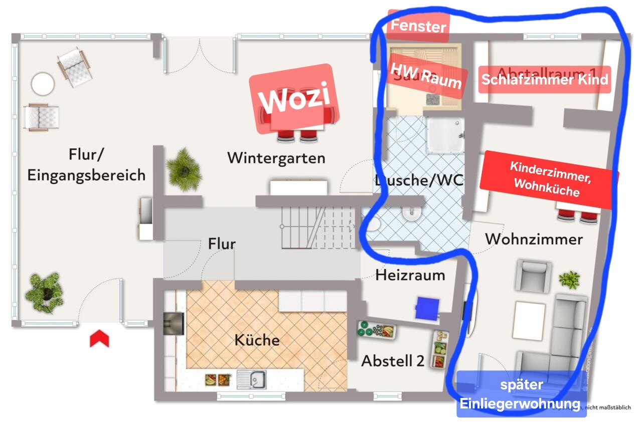 Grundriss eines Hauses mit Wintergarten, Wohnzimmer und Küche