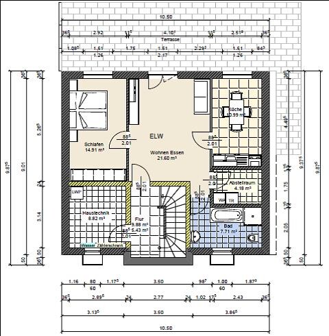 2D-Grundriss eines Hauses mit Wohn- und Essbereich, Küche, Schlafzimmer, Bad und Flur