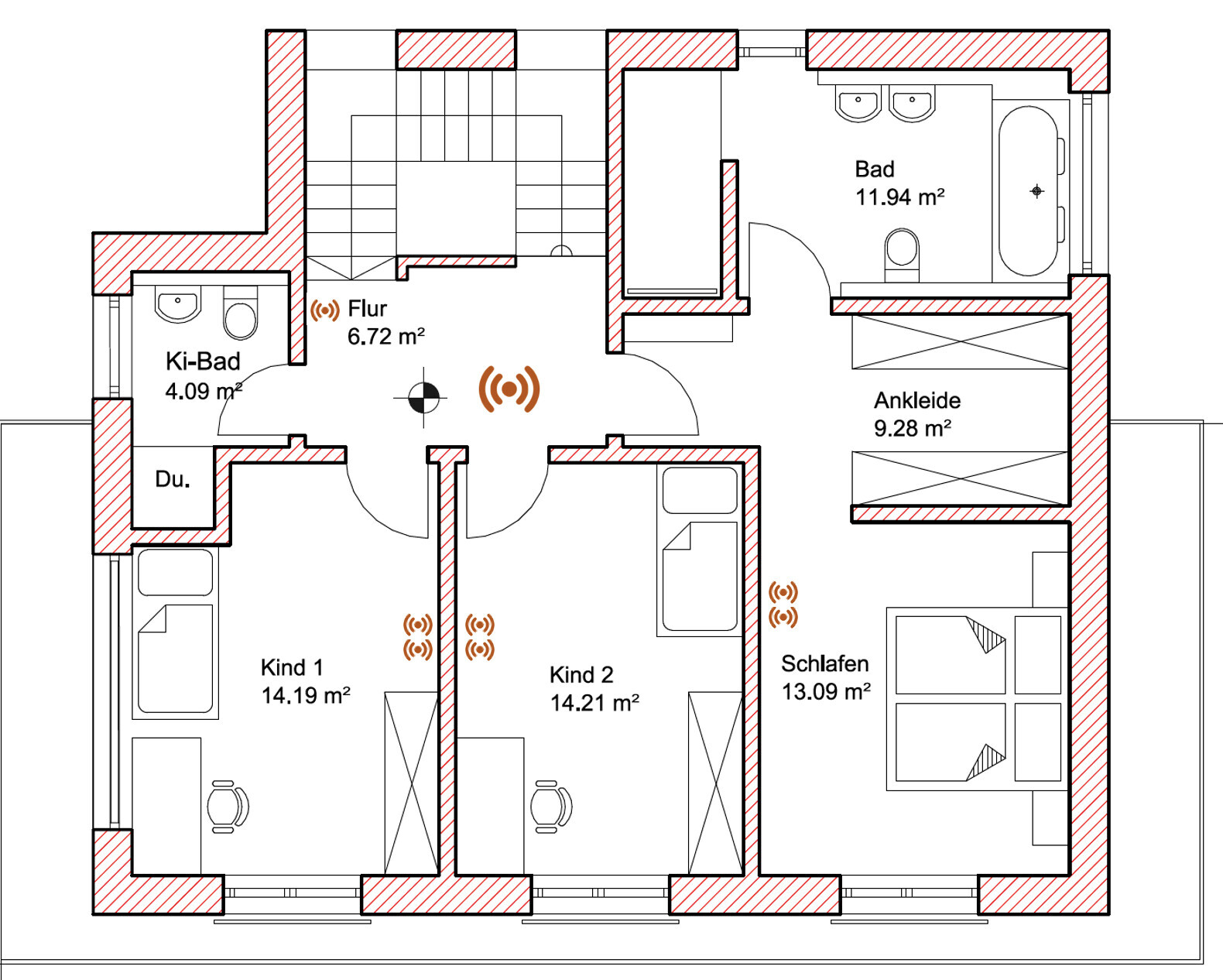 Grundriss des Obergeschosses: Flur, Bad, Ankleide, Ki-Bad, Du., zwei Kinderzimmer, Schlafzimmer.
