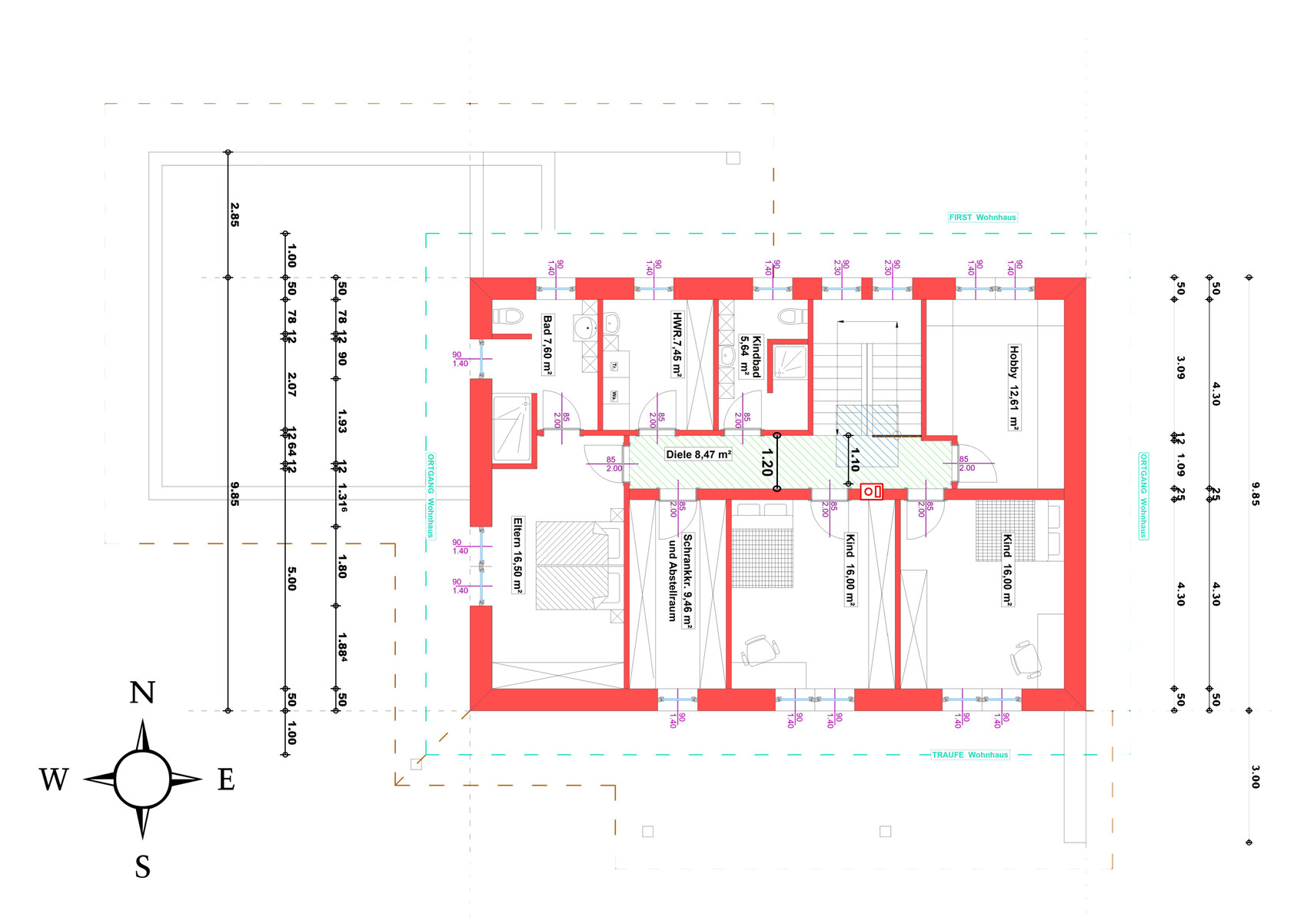 Grundrissplan eines Einfamilienhauses: rote Außenwände, Zimmer, Diele, Treppe, Bad, Küche.