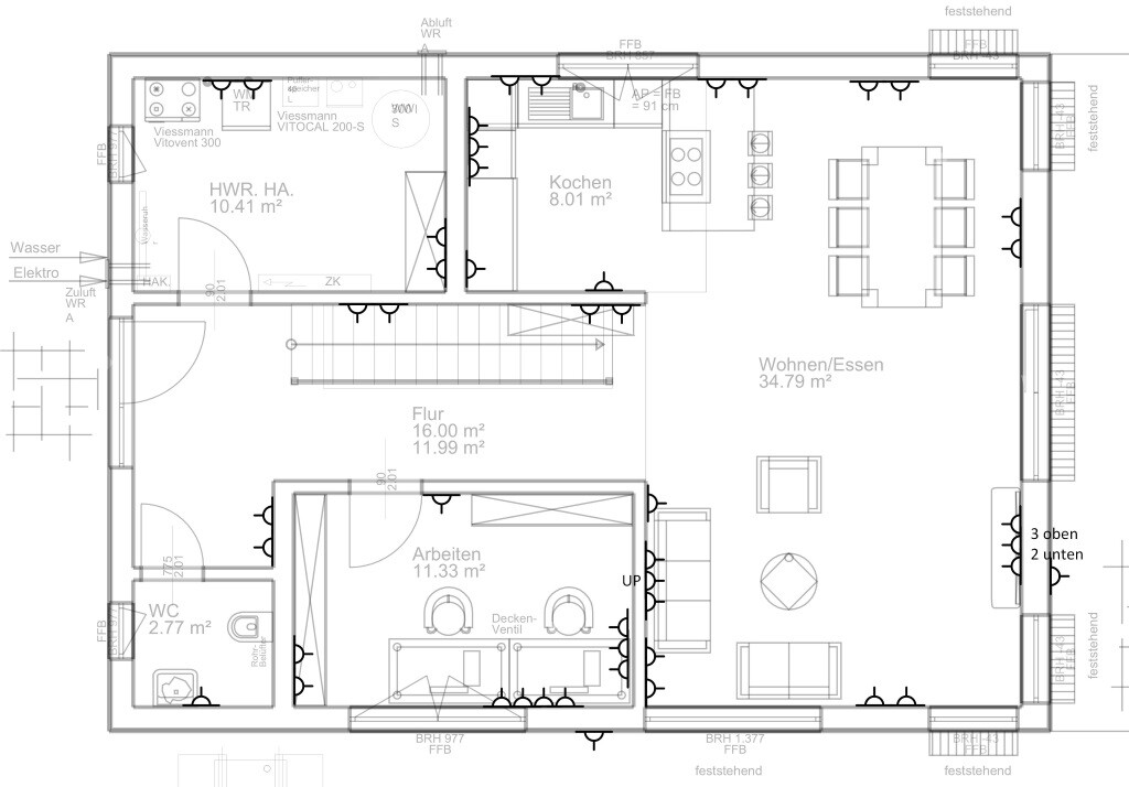 Grundrissplan eines Hauses mit Küche, Essbereich, Wohnzimmer und Arbeitsraum